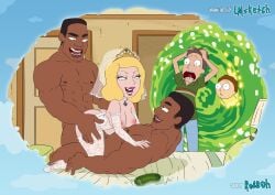 1girls 4boys adult_swim all_fours beth_smith blonde_hair cowgirl_position cuckold dark-skinned_male dark_skin doggy_style gangbang interracial jerry_smith legoman morty_smith mother_and_son muscular_male netorare pickle_rick portal queen_of_spades rick_and_morty rick_sanchez roa80h wedding_veil