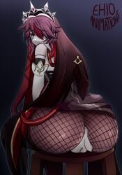 ass ass_focus big_ass big_butt cute_face dominant domination dominatrix ehioanimations fanart female female_only fishnets genshin_impact grey_skin horny looking_at_viewer looking_back nun pale_skin purple_eyes pussy pussy_peek ripped_clothing ripped_pantyhose rosaria_(genshin_impact) sitting sitting_on_chair