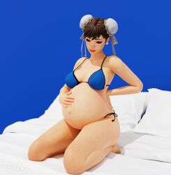 1girls 3d asian bed belly big_belly big_breasts bra breasts chun-li female female_only hand_on_belly hdddestroyer panties pregnant solo solo_female street_fighter