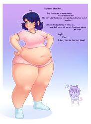 1boy 1girls 2017 adrien_agreste background_character belly big_belly blue_eyes blue_hair blush blush_lines bottom_heavy bottomwear cat_noir chubby chubby_female commission croissant cuprumrus fat female female_focus food gradient_background hands_on_hips jpeg_artifacts light-skinned_female light_skin looking_at_viewer marinette_cheng medium_breasts miraculous_ladybug overweight overweight_female short_hair short_shorts shortstack simple_background socks solo_focus standing talking_to_viewer text thick_legs thick_thighs thighs thunder_thighs tight_clothing topwear weight_gain wide_hips