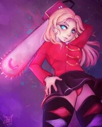 black_skirt chainsaw heather_chandler heathers heathers_musical panties pantyshot pantyshot_(standing) red_panties skirt weapon