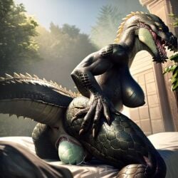 1girls ai_art ai_generated anthro anus ass_focus birth breasts crocodilian deviljho egg egg_laying female female_only monster_hunter pussy reptile scalie solo tagme