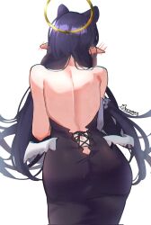 1girls ass ass_focus aurwoora_(jellen_aura) back_view bare_back bare_shoulders big_ass clothed clothing ear_blush elf_ears female from_behind fully_clothed halo highres hololive hololive_english hololive_myth holomyth light-skinned_female light_skin long_hair ninomae_ina'nis pointy_ears purple_hair signature simple_background tagme virtual_youtuber white_background