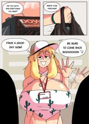 bag big_breasts blonde_hair breast_focus breasts cap comic comic_page dialogue dialogue_bubble female gumroad honeyboyy mob_face original shannon_(honeyboyy) stoned tagme