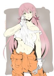 akashi_(kantai_collection) artist_name blunt_tresses breasts clothes_lift dated female gloves green_eyes hair_ribbon highres holding holding_wrench jumpsuit jumpsuit_around_waist kantai_collection long_hair looking_at_viewer midriff navel one-hour_drawing_challenge open_mouth orange_jumpsuit pink_hair ribbon shirt_lift solo strap_slip taira_yuuki tank_top tress_ribbon two-tone_background underboob very_long_hair white_tank_top wiping_sweat wiping_with_shirt wrench