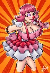 1girls 2022 :p bent_over big_breasts blush brown_eyes capcom choker clown clown_girl clown_makeup clown_nose fanart500x female female_only geiru_toneido gyakuten_saiban hand_on_hip long_hair looking_at_viewer pink_hair red_lipstick smiling_at_viewer solo suspenders suspenders_pull tongue_out wink winking_at_viewer