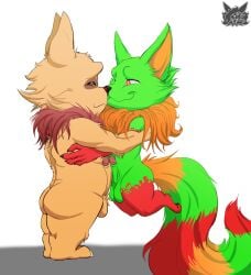 anthro ass balls big_tail duo embrace eye_contact fan_character fennephilim_fox flat_colors frottage fur genitals hi_res holding_partner hug laurence_sevastoff_laurent league_of_legends lifted looking_at_another love male male/male multicolored_body multicolored_fur nose_to_nose penis riot_games scarf sex side_view simple_background smile tan_body tan_fur teemo video_games yordle