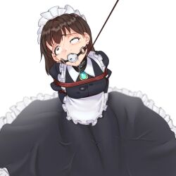 1girls afraid arms_behind_back arms_tied_behind_back asphyxiation ball_gag bangs big_breasts black_dress bondage bound bound_arms box_tie brooch brown_eyes brown_hair collar dildo_gag drool drooling earrings fainting fear frills gag gagged half-closed_eyes hanged hidden_(pixiv_46421548) kneeling large_breasts leaning_forward leash leash_pull long_hair looking_away losing_consciousness maid maid_headdress maid_uniform medium_hair original panic rolling_eyes saliva saliva_trail sitting_on_floor solo solo_female stained_clothes sweat tears thighs white_background