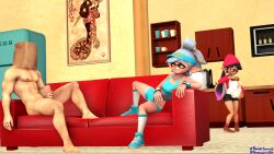 1boy 2girls 3d black_hair callie_(splatoon) cookie cookie_jar couch female/male freezerburnsfm gray_hair hand_on_penis inkling kitchen living_room looking_at_another marie_(splatoon) marie_(wo262) muscular_male nintendo nipples nsfwo nsfwo262 paper_bag penis sfm smirk smirking source_filmmaker splatoon splatoon_(series) tank_top visor_cap yellow_eyes