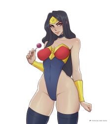 1girls amazon black_hair blue_hair blush cameltoe choker dc dc_comics diana_prince female female_only leotard light-skinned_female lollipop long_hair looking_at_viewer nail_polish painted_nails solo thick_thighs toksie wide_hips wonder_woman wonder_woman_(series)