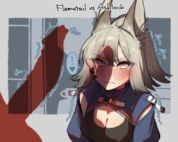 2futas animal_ears arknights ashlock_(arknights) big_penis black_shirt blush breasts cleavage closed_mouth clothed clothing erection flametail_(arknights) fully_clothed futa_focus futa_only futanari grey_hair heart heart-shaped_pupils huge_cock humanoid implied_futanari kemonomimi light-skinned_futanari light_skin looking_at_partner looking_at_penis mirin_chikuwa nervous oripathy_lesion_(arknights) penis penis_shadow ponytail red_eyes shirt small_breasts solo_focus speech_bubble spoken_ellipsis spoken_heart spot_color squirrel_ears symbol-shaped_pupils trembling twitching_penis upper_body