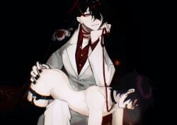 2boys bare_shoulders black_legwear clothed_male_nude_male clothing demon femboy fully_clothed functionally_nude hand_on_ass indie_virtual_youtuber leash male_only malesub mostly_nude nijisanji nijisanji_en ohoho73975942 pale-skinned_male pale_skin shoto shoto_(vtuber) sock_garters submissive_male thick_ass thick_thighs thighhighs topless twink virtual_youtuber vox_akuma