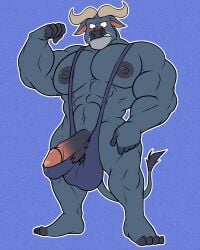 abs absurd_res albertcrow anthro balls banana_hammock big_balls big_muscles big_pecs big_penis blue_background blue_body blush bovid bovine cape_buffalo chief_bogo clothing disney flexing genitals hi_res horn humanoid_genitalia humanoid_penis male male_only mammal muscular muscular_male navel pecs penis simple_background solo torn_clothes torn_clothing wardrobe_malfunction zootopia