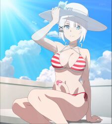 1futa big_breasts bikini bottomless bra breasts clothed clothing edit futa_only futanari human light-skinned_futanari light_skin mostly_nude penis short_hair solo sun_hat tantei_wa_mou_shindeiru third-party_edit white_hair