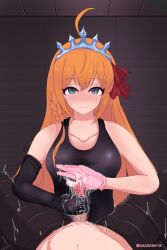 1boy 1girls black_long_glove crown eyebrows_visible_through_hair femdom gloved_handjob handjob latex_gloves light-skinned_female light-skinned_male light_skin long_glove looking_at_viewer one-piece_swimsuit orange_fur pecorine pink_glove princess_connect! princess_connect!_re:dive sensitivity_play small_penis swimsuit swimwear tntngamr18