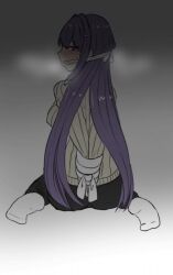 1girls abducted arms_behind_back artist_request black_leggings blush bondage clothed clothed_female clothes doki_doki_literature_club female flustered gag gagged gray_turtleneck_sweater kidnapped leggings purple_eyes purple_hair rope rope_gag seiro_kusu socks solo sweat sweating tied_arms tied_hands tied_up turtleneck turtleneck_sweater white_roped white_socks yuri_(doki_doki_literature_club)