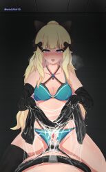 1girls bikini black_background black_legwear black_long_gloves black_ribbon blonde_hair blue_eyes cum_in_sock eyebrows_visible_through_hair femdom girl_on_top legwear long_gloves looking_at_viewer navel princess_connect! princess_connect!_re:dive ribbon saren_(princess_connect!) simple_background small_penis tntngamr18