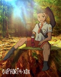 1girls black_hair blue_shirt euphoria-xox female female_only forest looking_at_viewer nemona_(pokemon) open_mouth orange_shorts pokemon pokemon_(game) pokemon_sv ponytail scout shirt shorts smile socks solo tie tree tree_branch tree_stump yellow_eyes