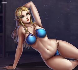 1girls artist_logo big_breasts blonde_hair blue_bikini breasts breath_of_the_wild curvy detailed_background deviantart_username female female_focus female_only flowerxl green_eyes hand_behind_head hand_on_floor hylian hylian_ears long_hair looking_at_viewer nintendo pale-skinned_female pinup princess_zelda solo the_legend_of_zelda video_game_character waist zelda_(breath_of_the_wild)