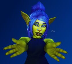 1girls arms_out blue_hair female female_only goblin goblin_(warcraft) goblin_female green_skin lizzie_(zaro3d) looking_at_viewer my_little_pogchamp_(meme) shortstack solo solo_female warcraft world_of_warcraft zaro3d