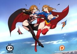 2girls assisted_exposure big_breasts blonde_hair blue_eyes breasts bruise cape catfight dc dc_comics exposed_breasts female female_only fight fighting flying injury kara_danvers kara_zor-el kometoze kryptonian light-skinned_female long_hair multiple_girls nazi overgirl panties red_panties ripped_clothing skirt square_crossover supergirl supergirl_(series) superheroine superman_(series) supervillainess thick_thighs upskirt wide_hips