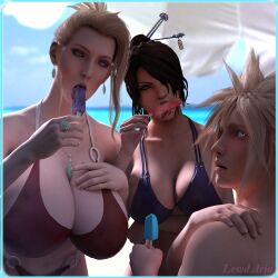 1boy 2girls 3d age_difference beach big_breasts bikini blonde blonde_female blonde_female/blonde_male blonde_hair blonde_hair_male breasts busty cleavage cloud_strife crossover curvy fellatio_gesture final_fantasy final_fantasy_vii final_fantasy_vii_remake final_fantasy_x hair hips hourglass_figure human humanoid ice_cream large_breasts legs lewd_aria licking_ice_cream light-skinned_female light_skin lips lulu_(final_fantasy) mature mature_female milf older_female older_woman_and_younger_boy popsicle scarlet_(ffvii) sexually_suggestive sucking_ice_cream suggestive suggestive_food suggestive_gesture thick thick_legs thick_thighs thighs voluptuous wide_hips younger_male