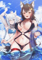 2022 2girls animal_ears artist_signature beach black_hair blue_eyes breasts female female_only floatie hips hololive hololive_gamers hololive_gen_1 hololive_japan huge_breasts long_hair o-ring ookami_mio outdoors shirakami_fubuki slim_waist smile swimsuit thick_thighs thighs tinnies virtual_youtuber white_hair wide_hips wolf_ears wolf_girl