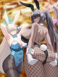 2022 2girls armpits arms_up ass asuna_(blue_archive) asuna_(bunny)_(blue_archive) awesomeerix backboob backless_outfit black_hair black_leotard blonde_hair blue_archive blue_eyes blue_leotard breasts brown_skin bunny_ears bunny_girl bunnysuit chocolate_and_vanilla commission dark-skinned_female dark_skin female female_only fishnets grabbing_own_ass hair_over_one_eye halo highleg_leotard hips huge_ass huge_breasts indoors karin_(blue_archive) karin_(bunny)_(blue_archive) leotard light-skinned_female light_skin long_hair reaching_back sideboob slim_waist thick_thighs thighs tights very_long_hair wide_hips yellow_eyes