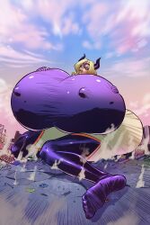 1girls ass blonde_hair breast_expansion breasts closed_eyes female giantess hyper_breasts macro massive_ass mount_lady my_hero_academia nipple_bulge rosita_amici yuu_takeyama