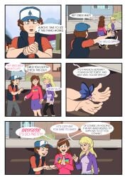 1boy 2girls 5_panel_comic aged_up baseball_cap blonde_hair brown_hair comic dipper_pines english_text gravity_falls mabel_pines pacifica_northwest page_1 page_number pine_tree_(symbol) sealedhelm speech_bubble straight_hair