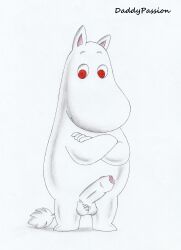 balls crossed_arms daddypassion ears_up erection foreskin genitals hi_res humanoid_genitalia humanoid_penis looking_at_viewer male male_only mature_male moominpappa non-human nude penis simple_background smile solo the_moomins