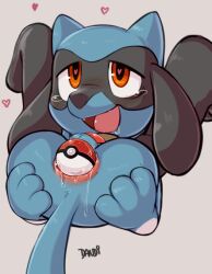 <3_eyes 1boy anal anthro anus ass dandi heart holding_butt legs_behind_head lying male object_insertion pokémon_(species) pokeball pokemon pokemon_(species) riolu saliva simple_background tears tears_of_pleasure