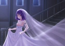 1girls areolae blush blush braid braided_hair breasts bridal_veil bride castle dress dress_lift dress_pull fault_milestone female gown lace lace_trim long_dress looking_at_viewer night nipples pink_eyes purple_hair ring ritona_reighnvhasta small_breasts smile smiling smiling_at_viewer solo stairs veil wedding_band wedding_dress wedding_ring wedding_veil white_dress