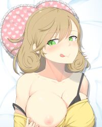 amidori bare_shoulders blonde_hair blush bra bra_lift breasts clothes_lift female green_eyes haruka_(senran_kagura) heart heart_pillow highres large_breasts nipples on_bed pillow senran_kagura shirt_lift short_hair tongue tongue_out underwear