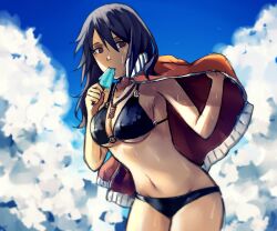 1girls alternate_hairstyle big_breasts bikini breasts cleavage female female_only food food_in_mouth genosick hair_down holding_food holding_object ice_cream jacket loose_hair midriff mitarashi_anko naruto naruto_(series) naruto_shippuden necklace pendant popsicle solo sweat swimsuit