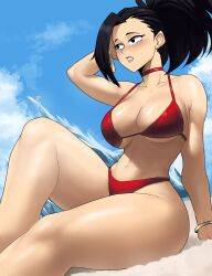 1girls 2022 absurd_res asymmetrical_hair beach bikini black_hair blush boku_no_hero_academia breasts choker echosaber female hips large_breasts light-skinned_female light_skin momo_yaoyorozu my_hero_academia outdoors ponytail red_bikini slim_waist solo swimsuit thick_thighs thighs water wide_hips