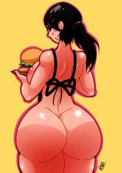 1girls alternate_version_available apron apron_only areolae ass ass_focus back back_view backboob big_ass black_apron black_hair breasts burger chainsaw_man curvaceous curvy dat_ass female female_only food hair higashiyama_kobeni hips huge_ass mostly_nude naked_apron nipples penpen_(artist) ponytail solo solo_female sweat sweatdrop tray wide_hips