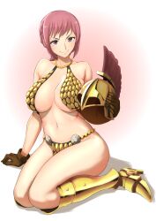 1girls anagumasan belly_button big_breasts bikini_armor braid cape curvy female female_only gladiator helmet one_piece pink_hair rebecca_(one_piece) skimpy skimpy_armor smile solo thick_thighs