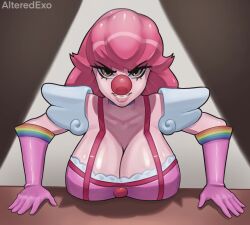 1girls alteredexo big_breasts brown_eyes choker cleavage clown clown_girl clown_nose clussy evil_grin evil_smile female female_only geiru_toneido gloves gyakuten_saiban pink_hair tagme