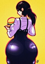 1girls alternate_version_available apron ass ass_focus back back_view backboob big_ass black_apron black_hair bottomwear breasts burger chainsaw_man curvaceous curvy dat_ass female female_only food hair higashiyama_kobeni hips huge_ass penpen_(artist) ponytail solo solo_female sweat sweatdrop topwear tray wide_hips