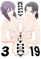 2girls bikini breasts brown_hair cameltoe cleavage cyborg eyepatch_bikini female ghost_in_the_shell ghost_in_the_shell_stand_alone_complex greek_toe human kayabuki_youko kusanagi_motoko looking_at_viewer medium_breasts micro_bikini pale-skinned_female pale_skin purple_hair shinku_p short_hair smile standing white_background