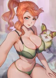 1girls alternate_breast_size bed bra breasts cleavage green_eyes hi_res looking_at_viewer nintendo orange_hair pokemon pokemon_ss ponytail sayanestia solo sonia_(pokemon) thighs underwear yamper