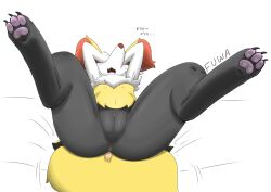 absurd_res anthro anus bed blush braixen canid canine claws embarrassed feet female fur furniture furry furry_only genitals grey_body grey_fur hi_res mammal mr_fuwa nintendo orange_body orange_fur orange_nose paws pokémon_(species) pokemon pokemon_(species) pussy simple_background solo spread_legs spreading tail text thick_thighs video_games white_body white_fur yellow_body yellow_fur