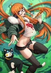 1girls bangs boots cat curry eating erotibot exposed exposed_pussy female food glasses legs long_hair morgana_(persona) no_panties orange_hair persona persona_5 pinup purple_eyes pussy sakura_futaba slender_legs small_breasts solo_focus thighhighs thighs wardrobe_malfunction wide_hips