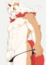 2022 abs anthro arknights balls blush canid canine canis chirasgi clothed clothing dated domestic_dog elbow_tuft eyebrows floppy_ears fur fur_tuft genitals hair hi_res horn hung_(arknights) hypergryph male male_only mammal monotone_genitals monotone_penis multicolored_body multicolored_fur multicolored_hair navel nipples partially_clothed pecs penis pink_nipples red_body red_eyebrows red_fur red_hair red_horn red_tail solo studio_montagne tan_body tan_ears tan_fur tan_tuft tuft two_tone_hair video_games