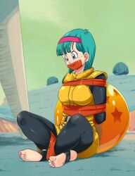 1girls angry barefoot blue_eyes blue_hair bulma_briefs bulma_briefs_(frieza_saga) dragon_ball dragon_ball_(object) dragon_ball_z feet female female_only gag hairband headband lostonezero namek pink_toenails red_headband shounen_jump solo stirrup_legwear tape_bondage tape_gag toeless_legwear toenail_polish