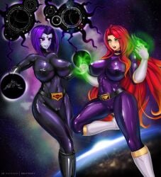 boots catfight corruption dc dc_comics dinaranger fight green_eyes huge_breasts latex latex_bodysuit long_hair nipples original purple_eyes purple_hair rachel_roth raven_(dc) red_hair rikatsuky short_hair starfire straight_hair teen teen_titans thick_thighs tight_clothing zofa_soldier