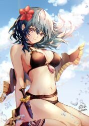 1girls alternate_costume atoatto bangs bare_shoulders belly_button belt bikini black_belt black_bikini black_choker black_swimsuit blue_eyes blue_hair blue_sky blush breasts byleth_(female)_(fire_emblem) byleth_(female)_(summer)_(fire_emblem) byleth_(fire_emblem) byleth_(fire_emblem)_(female) cape choker cleavage closed_mouth cloud commentary dagger day female female_only fire_emblem fire_emblem:_three_houses fire_emblem_heroes floating_hair flower hair_between_eyes hair_flower hair_ornament head_tilt hi_res hibiscus highres knife large_breasts long_hair looking_at_viewer medium_hair navel nintendo official_alternate_costume outdoors red_flower scabbard sheath sheathed sideboob sitting sky smile solo stomach swimsuit teal_hair thighs wariza weapon