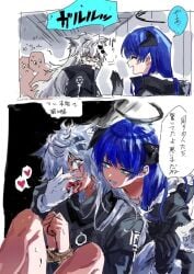 2girls arknights blood blue_eyes bondage dark_halo dubious_consent female_only fingers_in_mouth horns lappland_(arknights) mostima_(arknights) pulling_tail questionable_consent scar_across_eye sexual_violence sexually_suggestive silver_hair tied_wrists wolf_ears wolf_girl yuri