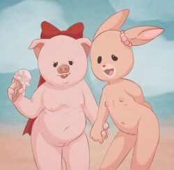 2girls anthro bow brown_fur female furry hair_tie hand_holding ice_cream lagomorph linen_lolita maple_town nipples patty_(maple_town) pig pink_skin rabbit simple_background slightly_chubby vagina